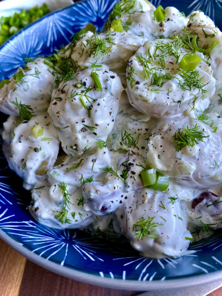 tsatziki potato salad with herbs and scallions