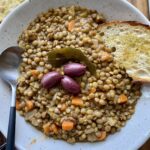 Greek Lentil soup with olives and bread