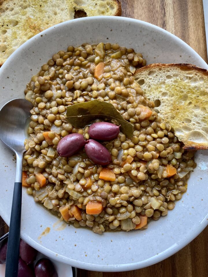 Greek Lentil soup with olives and bread
