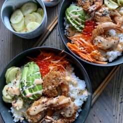 bang bang shrimp bowls with sushi rice