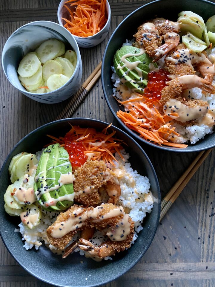 bang bang shrimp bowls with sushi rice
