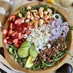 shrimp strawberry avocado salad with creamy lemon poppy seed dressing