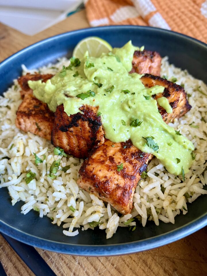 spicy salmon with coconut avocado sauce