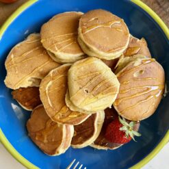 peanut butter peach stuffed pancakes