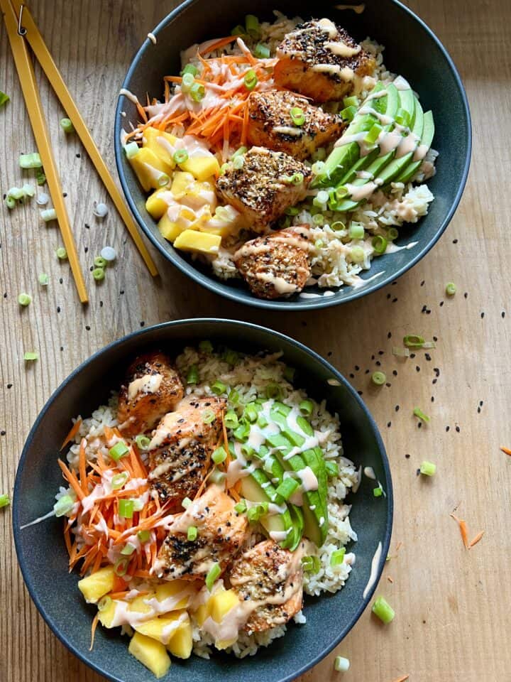 20 minute air fryer salmon bowls – almost makes perfect