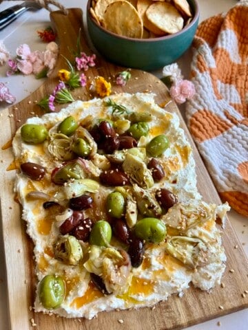 feta board with olives and artichokes