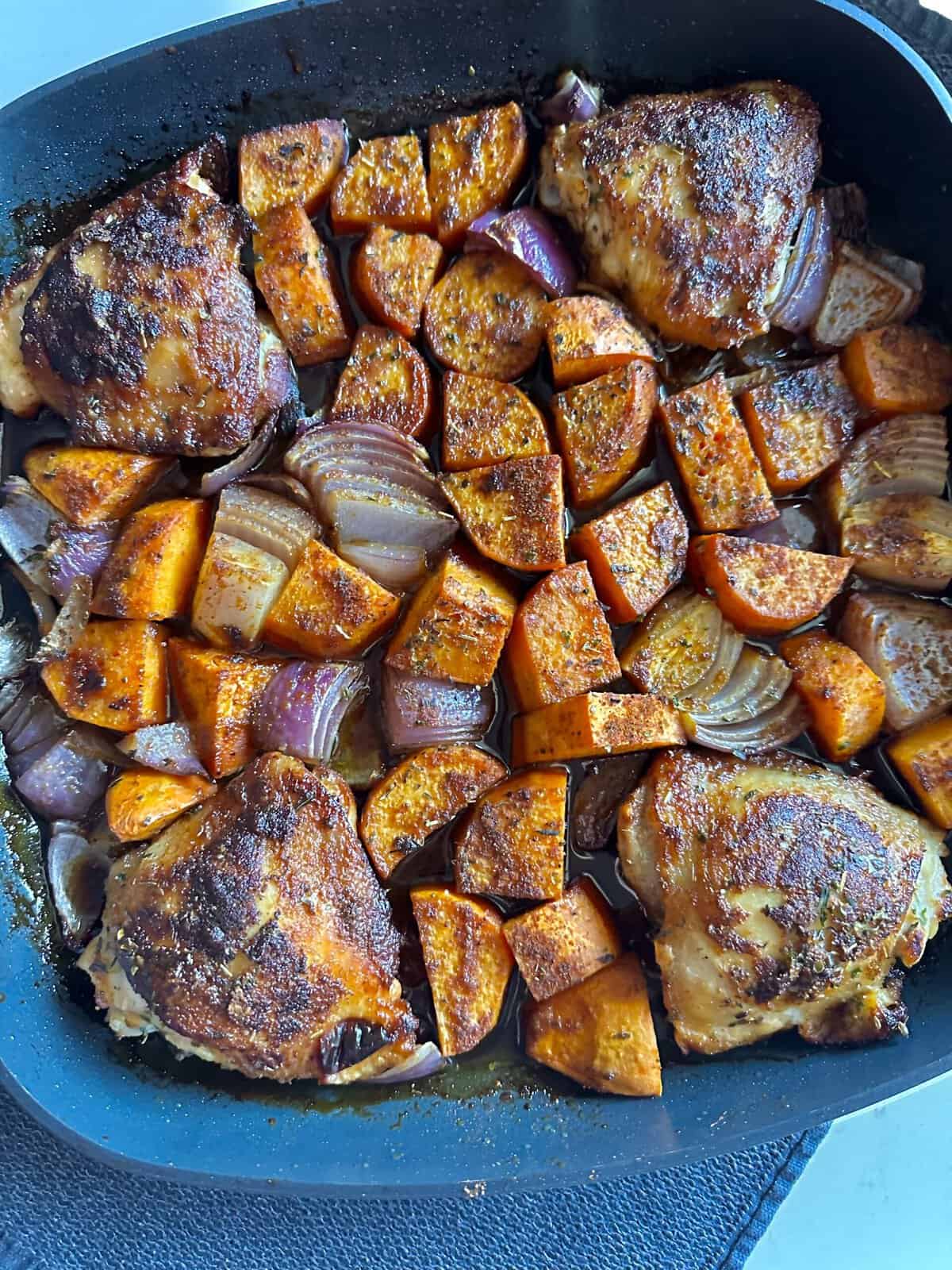 One Pan Honey Chicken and Sweet Potatoes