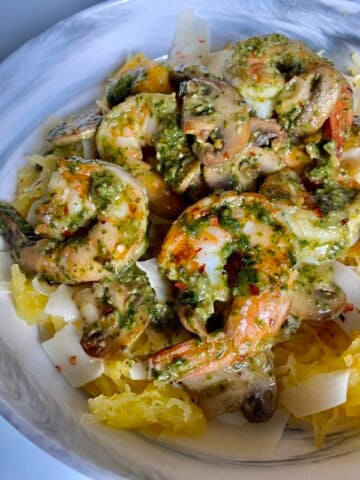 spicy pesto shrimp and spaghetti squash