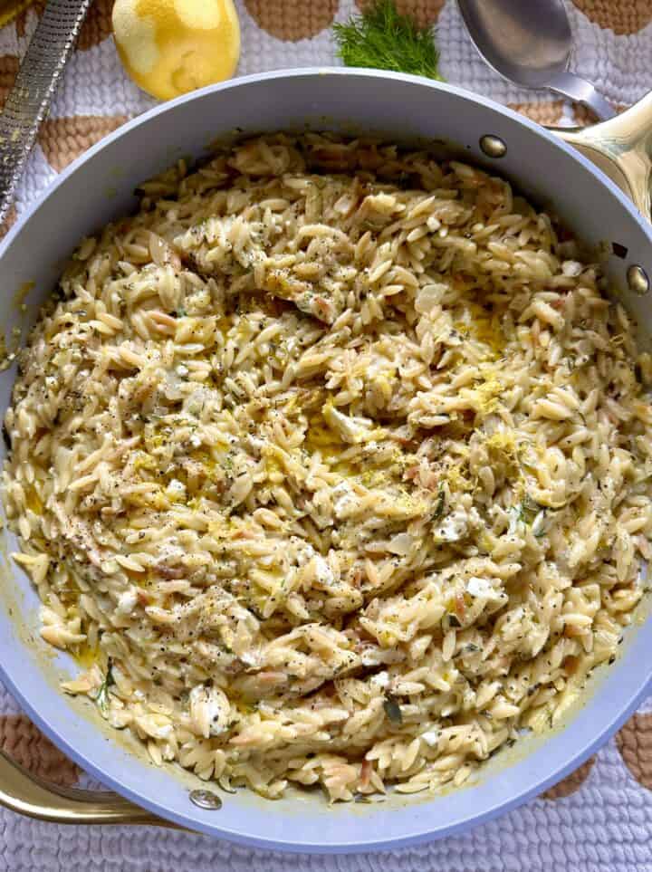 One Pan Creamy Lemon Feta Zucchini Orzo - Hungry Happens