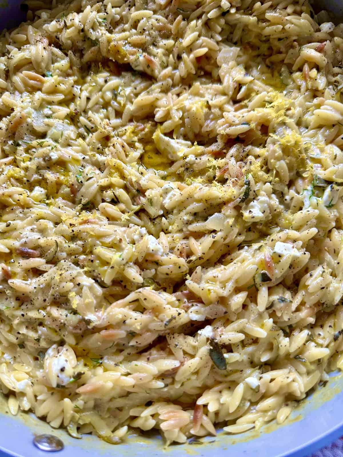 Toasted Orzo Pilaf with Lemon, Butter, and Dill - Bowl of Delicious