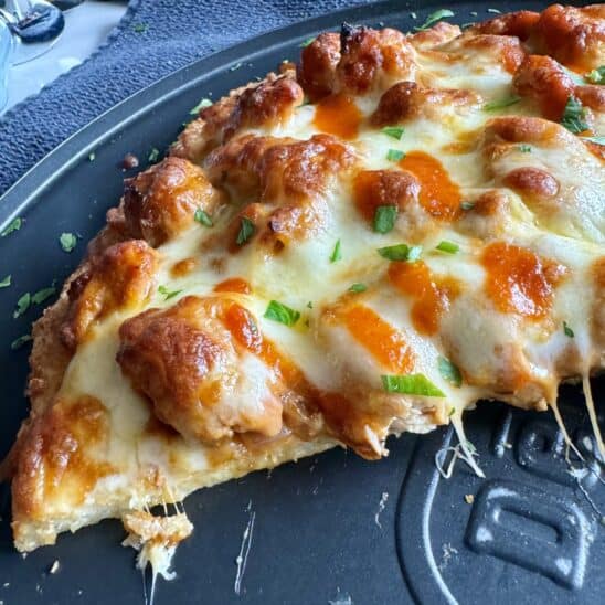 Buffalo Chicken Rice Crust Pizza - Hungry Happens