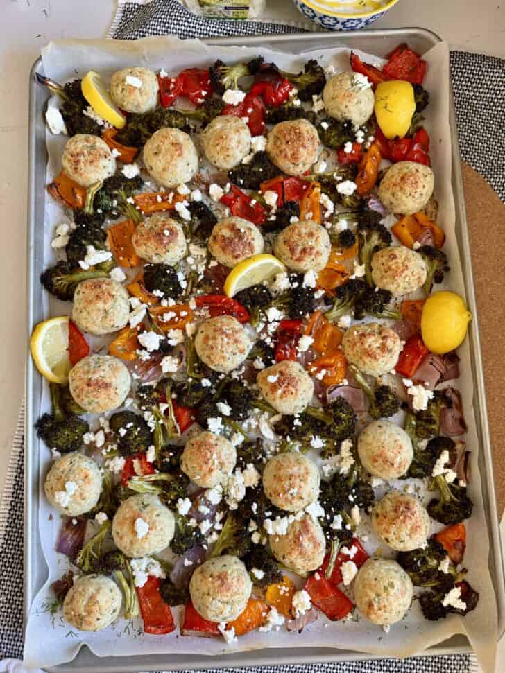 sheet pan Greek chicken meatballs