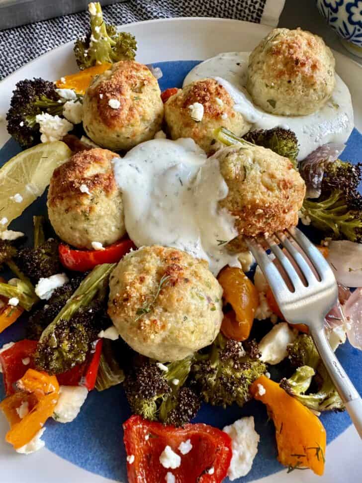 sheet pan Greek chicken meatballs veggies