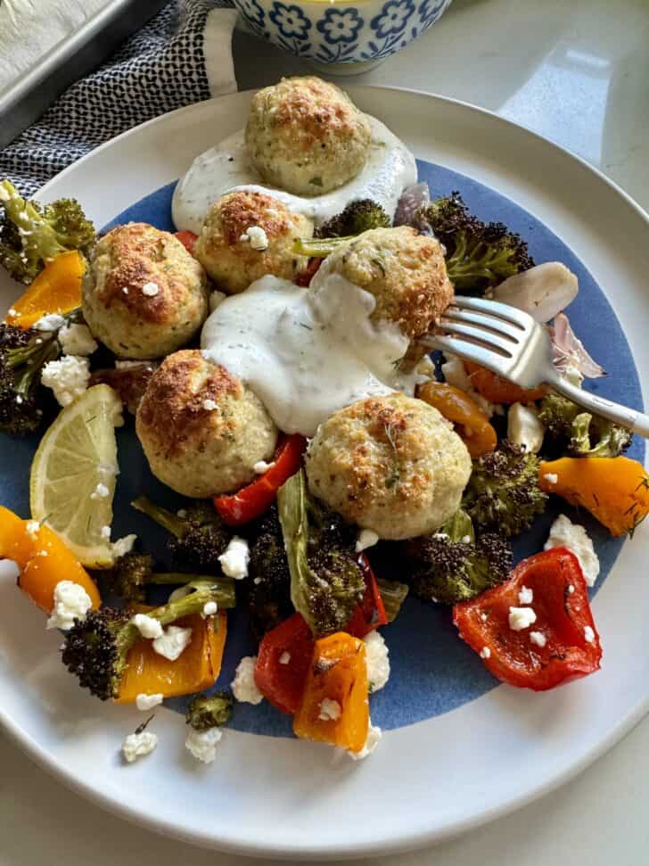 sheet pan Greek chicken meatballs veggies