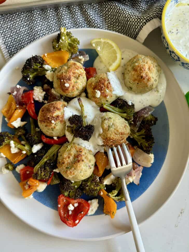 sheet pan Greek chicken meatballs and veggies