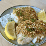 Almond Panko Crusted Baked Cod Yogurt Dill Tartar Sauce