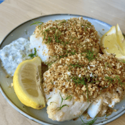 Almond Panko Crusted Baked Cod Yogurt Dill Tartar Sauce