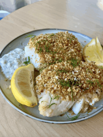 Almond Panko Crusted Baked Cod Yogurt Dill Tartar Sauce