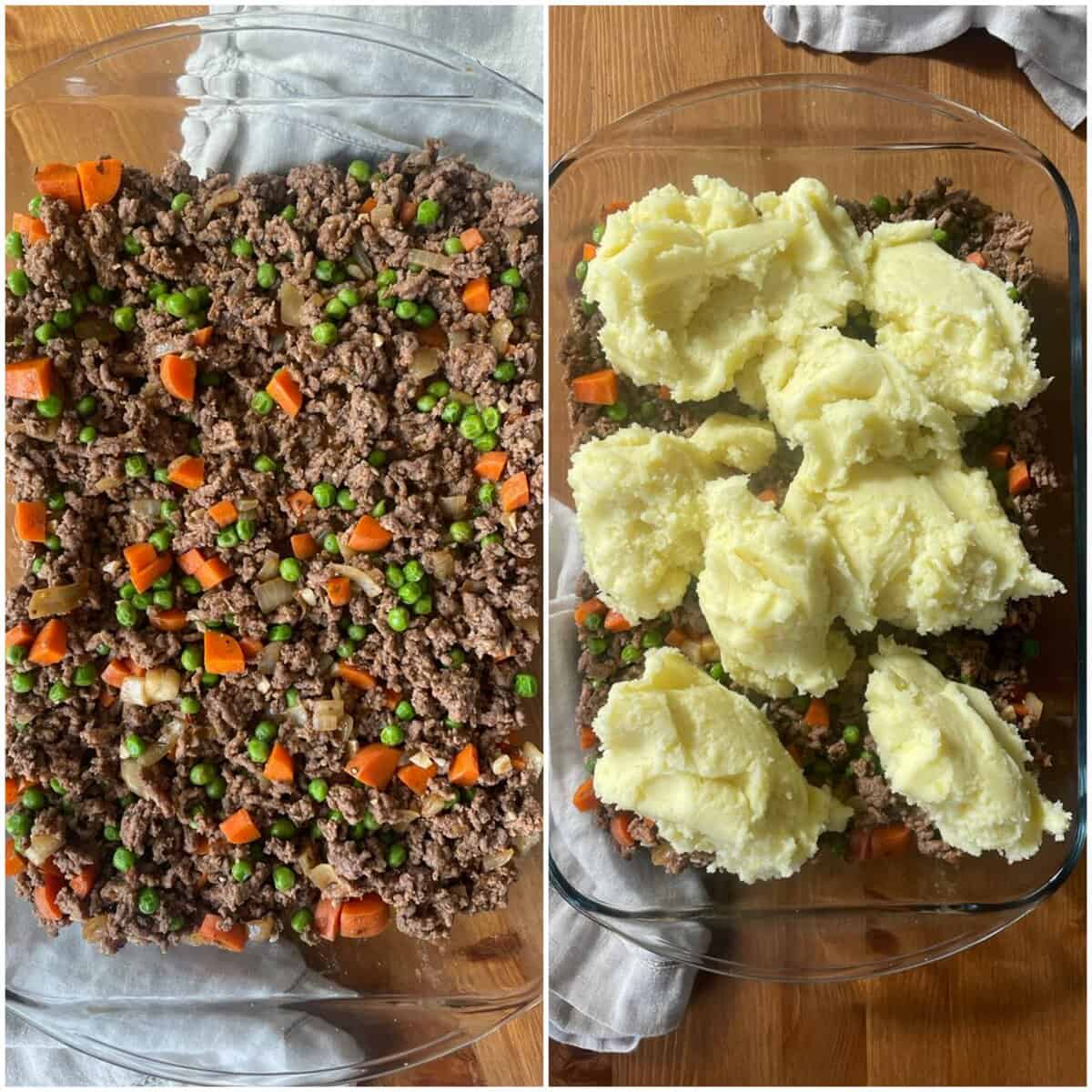 Shepherd's Pie assembly with filling and mashed potatoes
