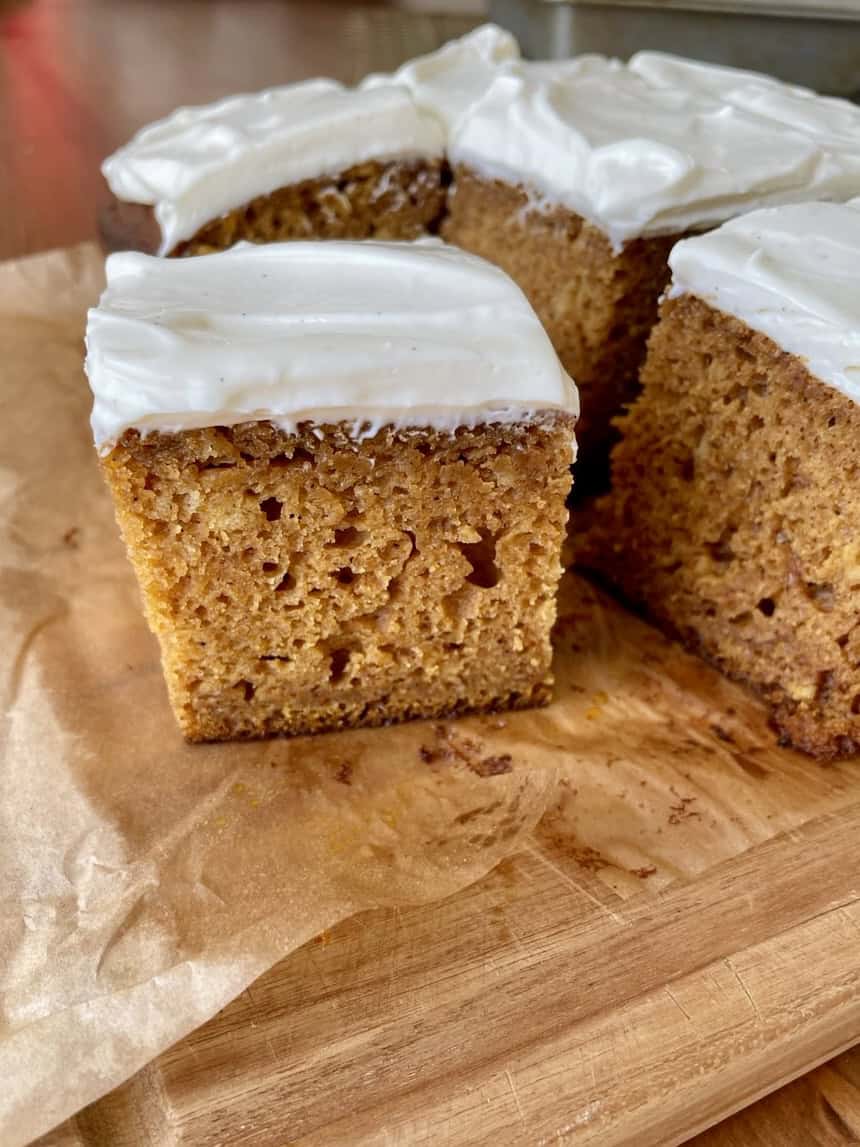 One bowl pumpkin snacking cake slice closeup