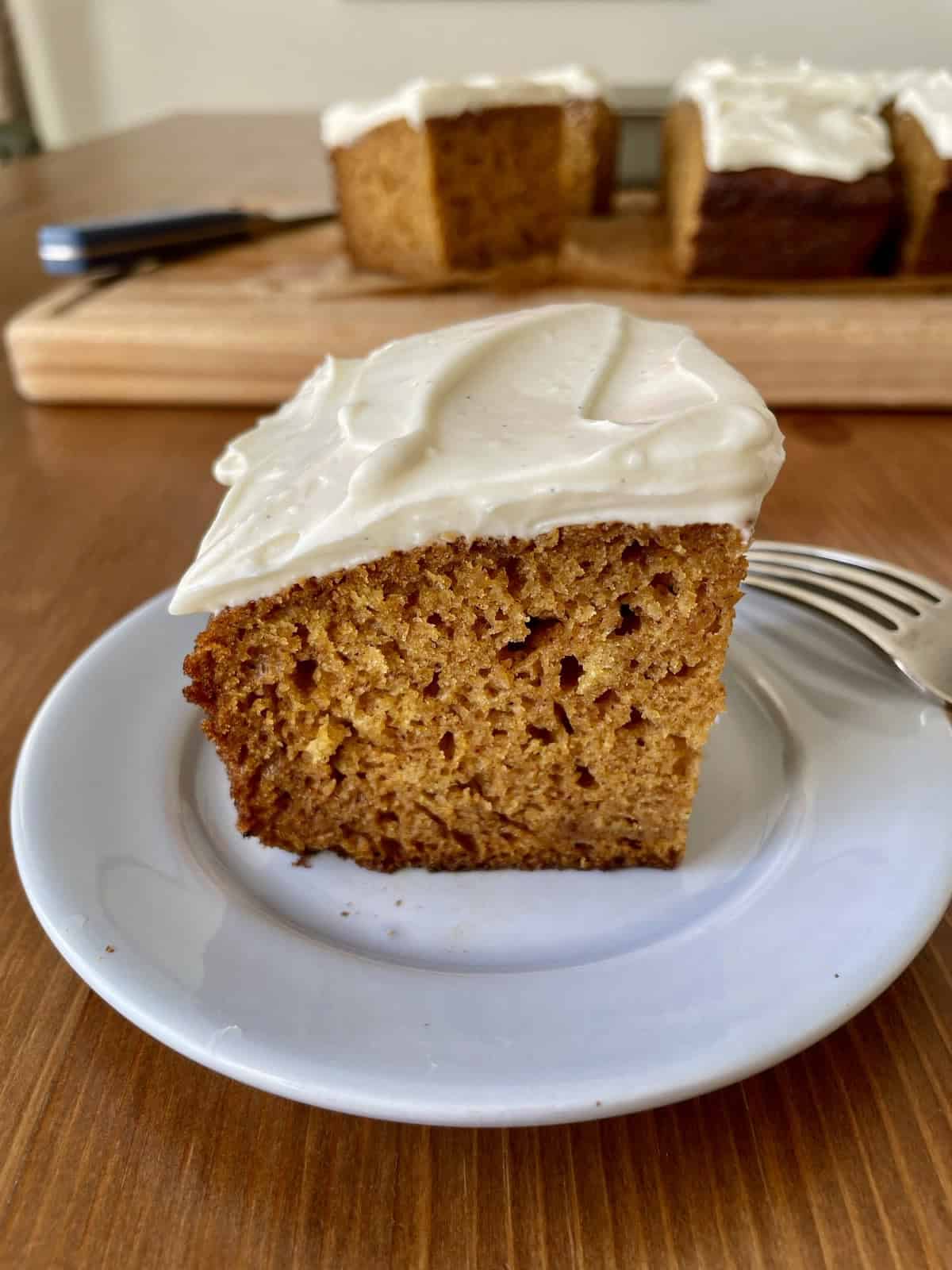 One bowl pumpkin snacking cake slice closeup