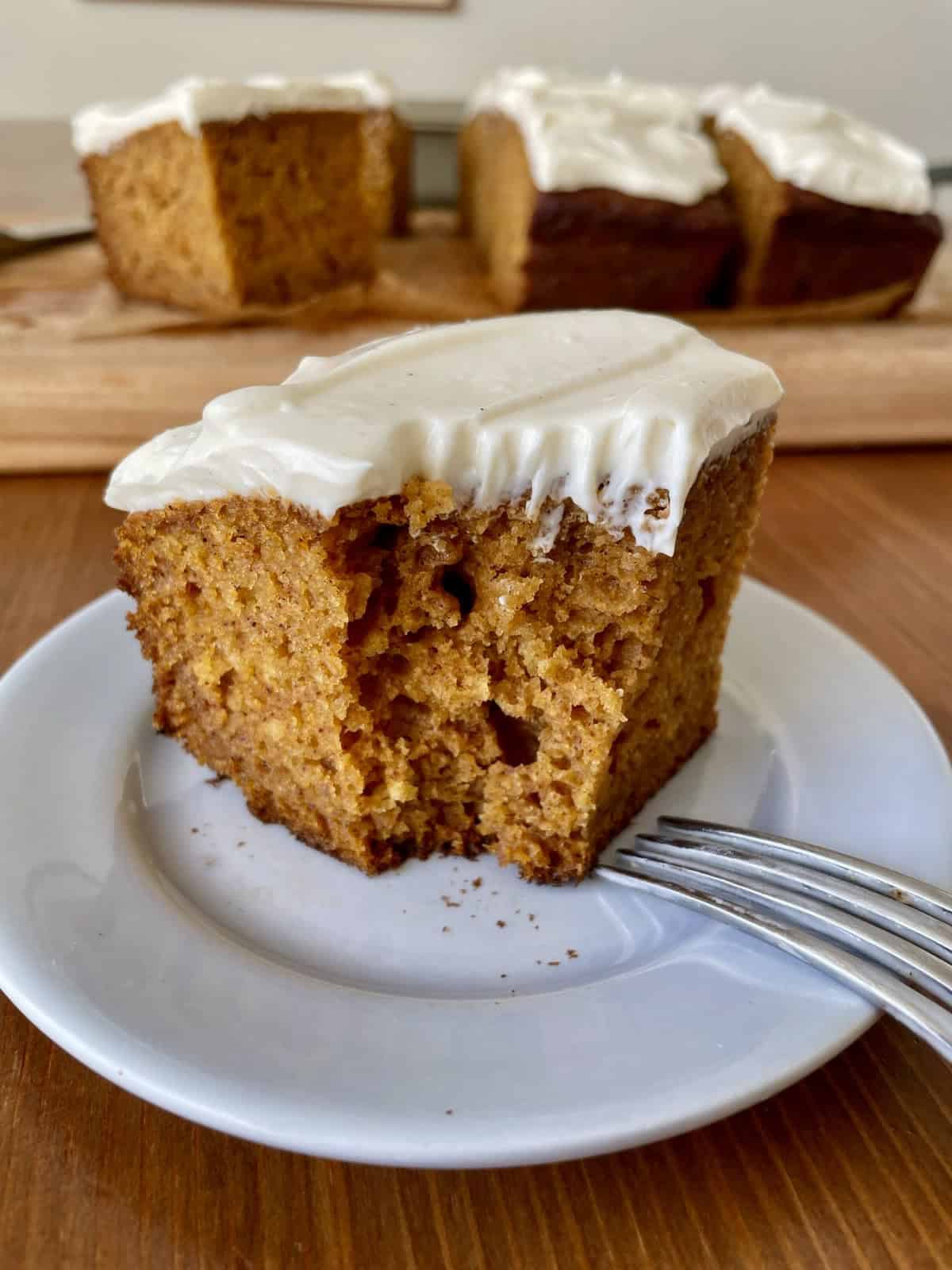 One bowl pumpkin snacking cake sampled with fork bite