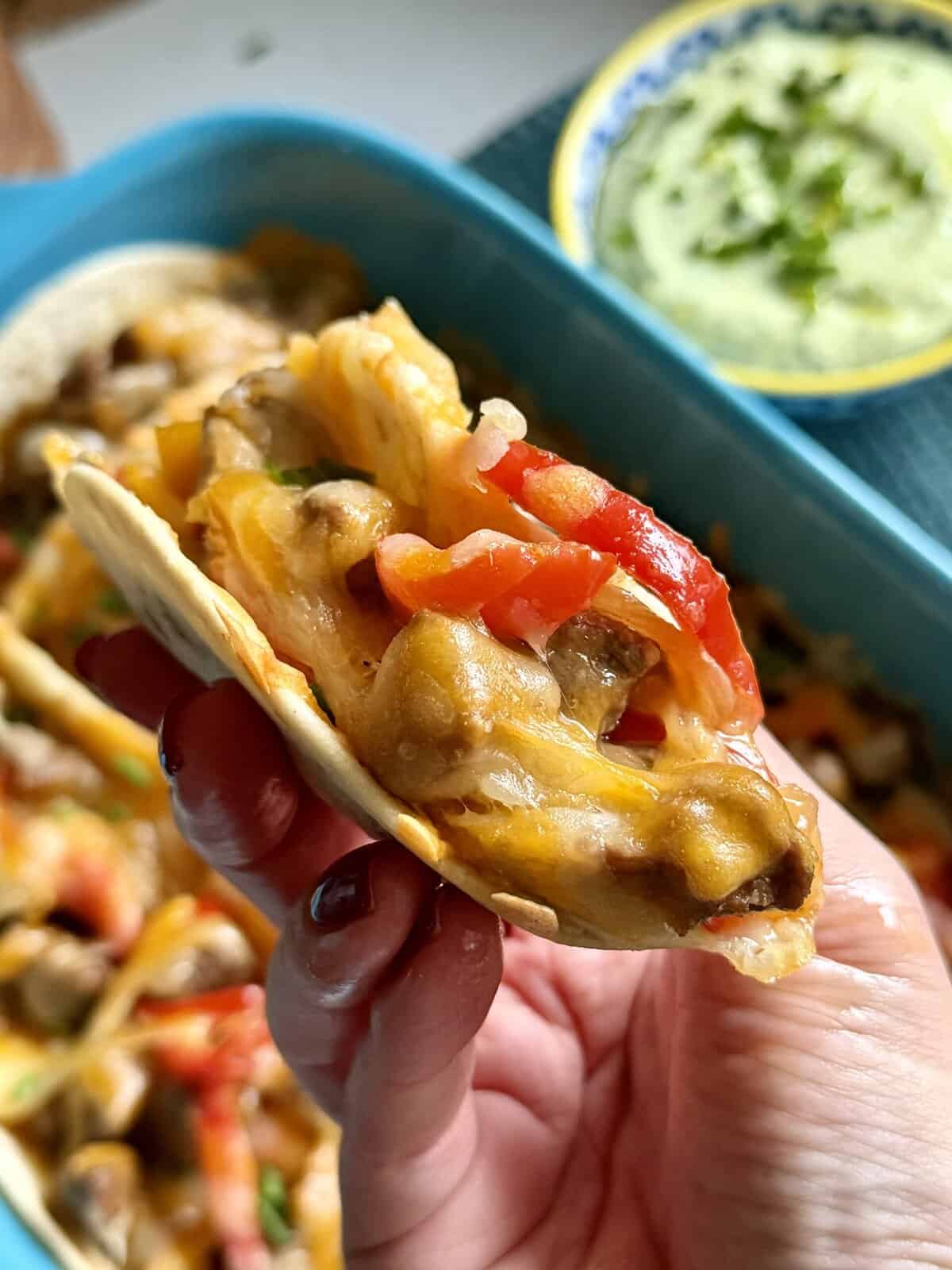 easy baked steak tacos with avocado sauce