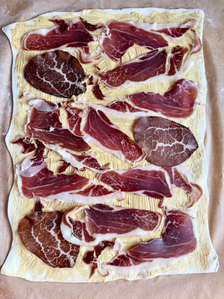 prosciutto + cheese puff pastry pinwheels