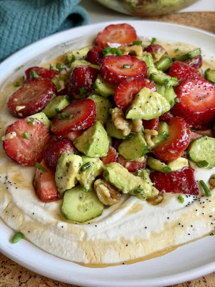 strawberry salad with whipped white bean feta