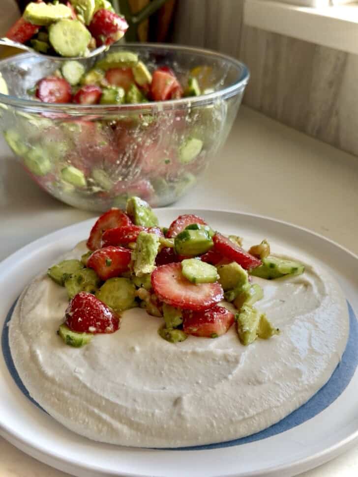 strawberry salad with whipped white bean feta
