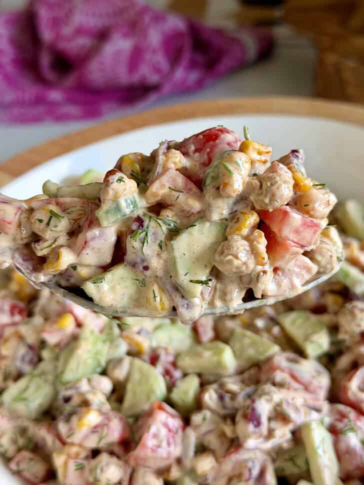 high protein creamy cucumber + chickpea salad