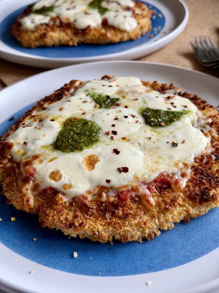 giant crispy ground chicken parm pizzas