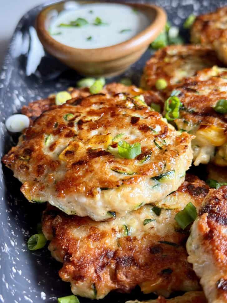 cheesy zucchini chicken + corn fritters