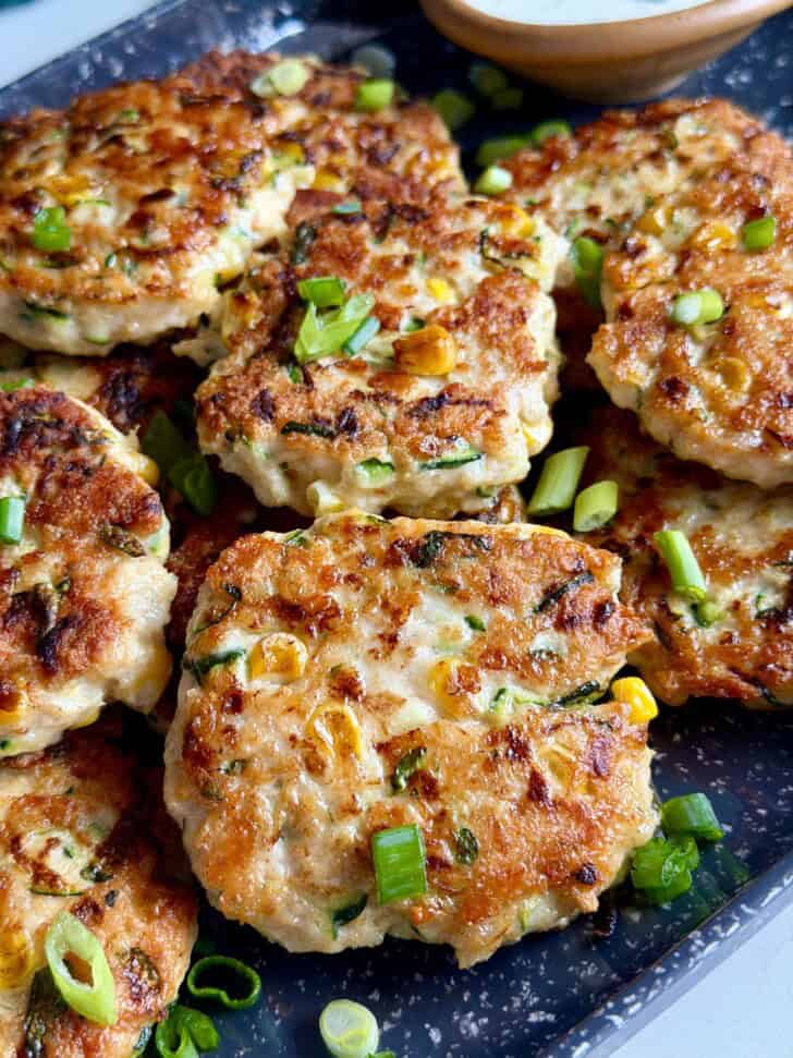 cheesy zucchini chicken + corn fritters