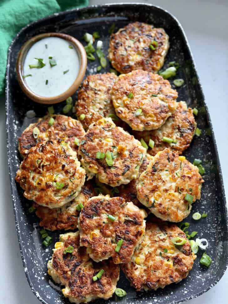 cheesy zucchini chicken + corn fritters