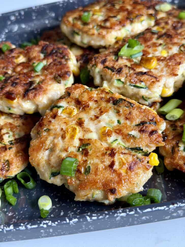 cheesy zucchini chicken + corn fritters