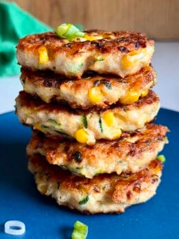 cheesy zucchini chicken + corn fritters
