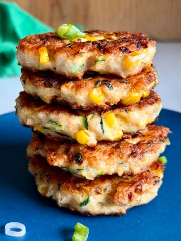 cheesy zucchini chicken + corn fritters